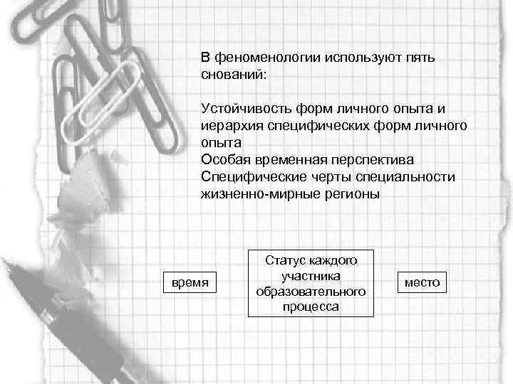 В феноменологии используют пять снований: Устойчивость форм личного опыта и иерархия специфических форм личного