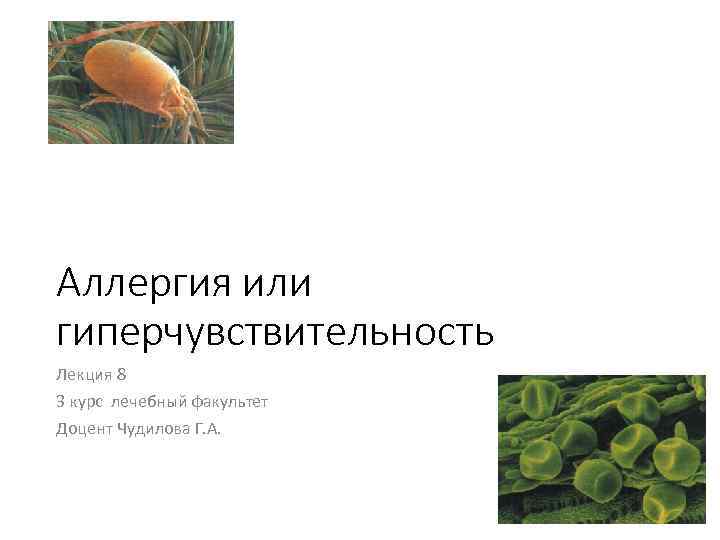 Аллергия или гиперчувствительность Лекция 8 3 курс лечебный факультет Доцент Чудилова Г. А. 