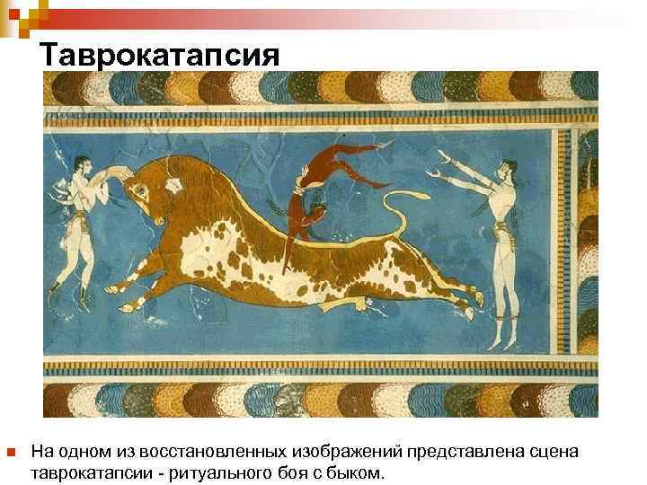  Таврокатапсия n На одном из восстановленных изображений представлена сцена таврокатапсии - ритуального боя