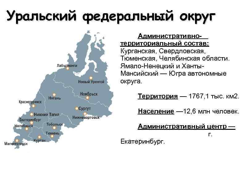 Уральский федеральный округ Административнотерриториальный состав: Курганская, Свердловская, Тюменская, Челябинская области. Ямало-Ненецкий и Ханты. Мансийский