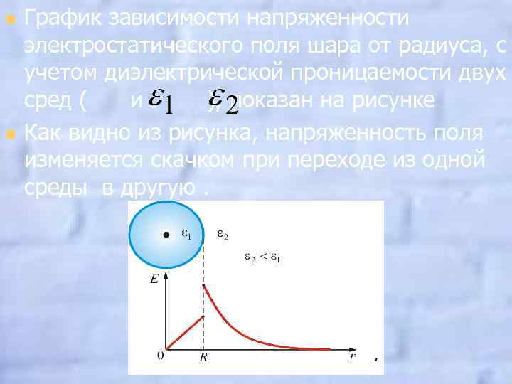 n n График зависимости напряженности электростатического поля шара от радиуса, с учетом диэлектрической проницаемости