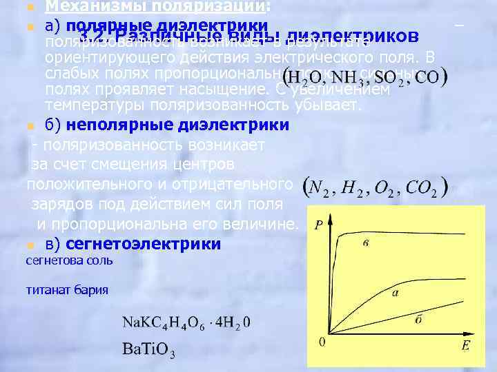 Механизмы поляризации: n а) полярные диэлектрики – 3. 2. Различные виды диэлектриков поляризованность возникает