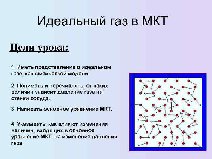 Идеальный газ в МКТ Цели урока: 1. Иметь представление о идеальном газе, как физической