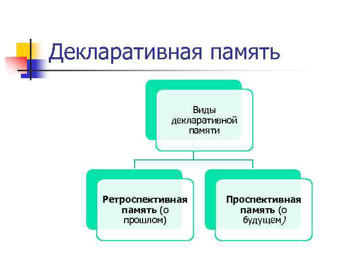 Декларативная память Виды декларативной памяти Ретроспективная память (о прошлом) Проспективная память (о будущем) 