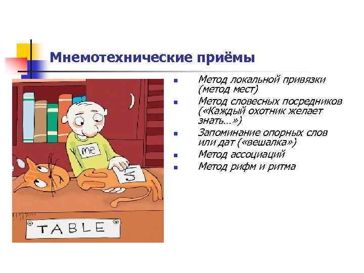 Мнемотехнические приёмы n n n Метод локальной привязки (метод мест) Метод словесных посредников (