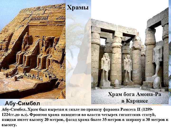 Храмы Абу-Симбел Храм бога Амона-Ра в Карнаке Абу-Симбел. Храм был вырезан в скале по