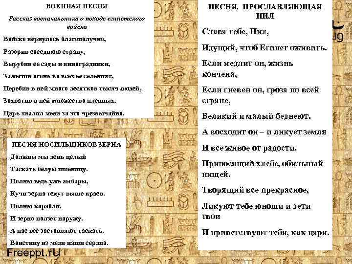 ВОЕННАЯ ПЕСНЯ Рассказ военачальника о походе египетского войска Войско вернулось благополучно, Разорив соседнюю страну,