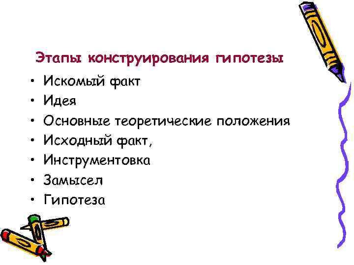 Этапы конструирования гипотезы • Искомый факт • Идея • Основные теоретические положения • Исходный