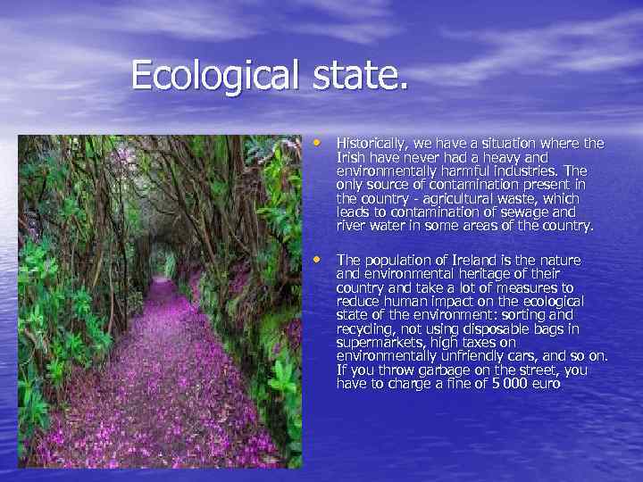 Ecological state. • Historically, we have a situation where the Irish have never had