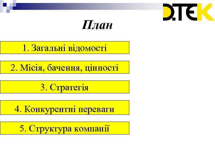 План 1. Загальні відомості 2. Місія, бачення, цінності 3. Стратегія 4. Конкурентні переваги 5.