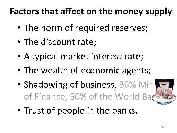 Factors that affect on the money supply The norm of required reserves; The discount