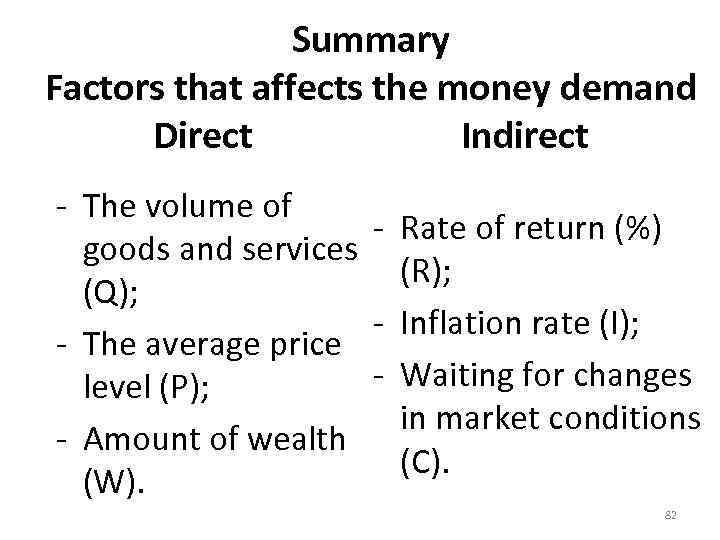 Summary Factors that affects the money demand Direct Indirect ‐ The volume of ‐