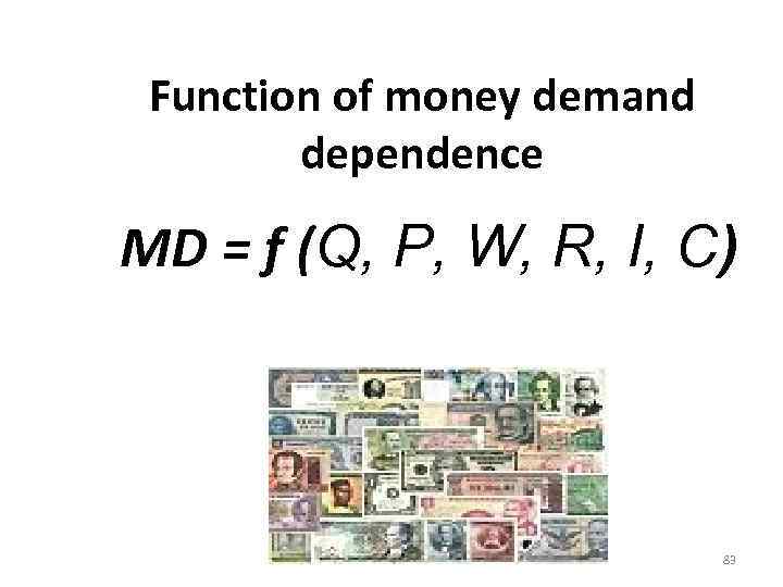 Function of money demand dependence МD = f (Q, P, W, R, I, C)