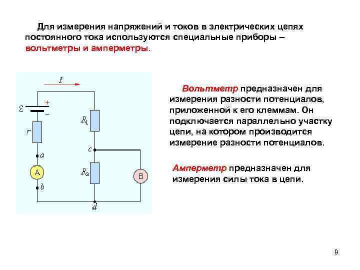  Для измерения напряжений и токов в электрических цепях постоянного тока используются специальные приборы