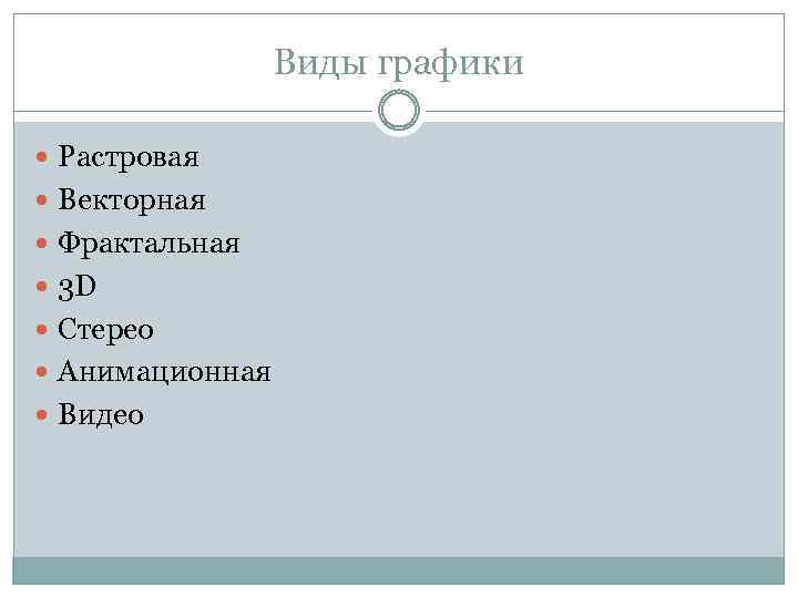 Виды графики Растровая Векторная Фрактальная 3 D Стерео Анимационная Видео 