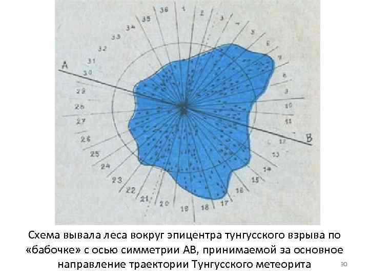 Схема вывала леса вокруг эпицентра тунгусского взрыва по «бабочке» с осью симметрии АВ, принимаемой