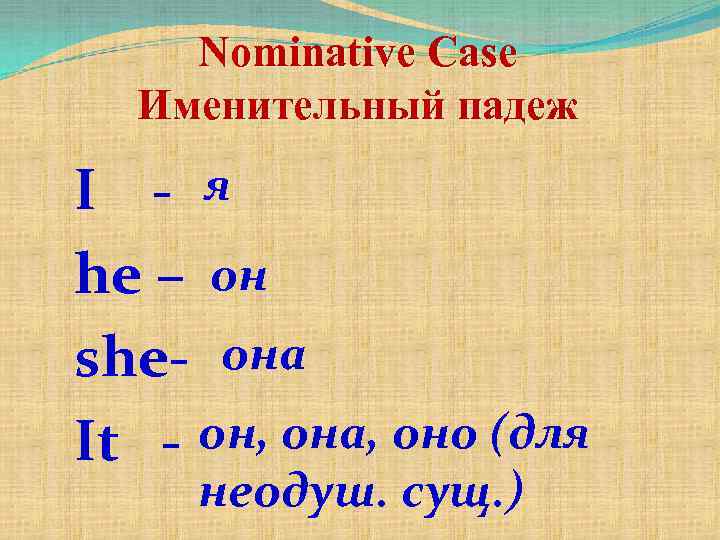 Nominative Case Именительный падеж I - я he – он she- она It -