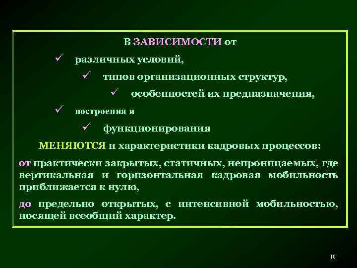 В ЗАВИСИМОСТИ от ü различных условий, ü типов организационных структур, ü особенностей их предназначения,