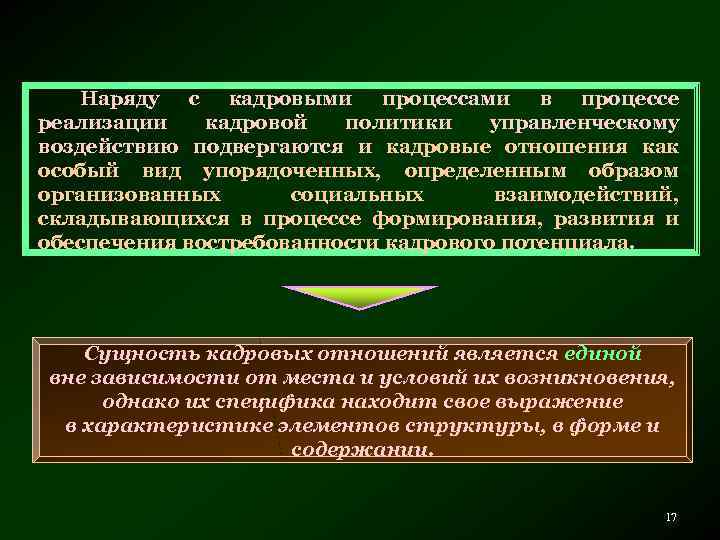 Наряду с кадровыми процессами в процессе реализации кадровой политики управленческому воздействию подвергаются и кадровые