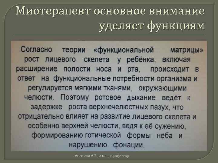 Миотерапевт основное внимание уделяет функциям Анохина А. В. , д. м. н. , профессор