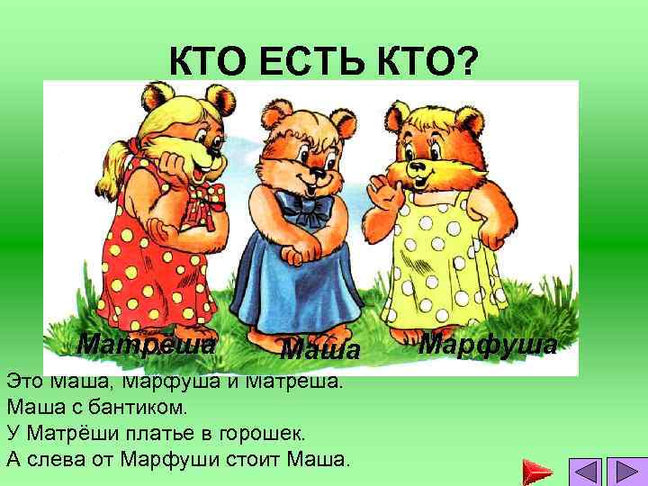 КТО ЕСТЬ КТО? Матрёша Маша Это Маша, Марфуша и Матрёша. Маша с бантиком. У