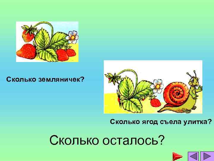 Сколько земляничек? Сколько ягод съела улитка? Сколько осталось? 