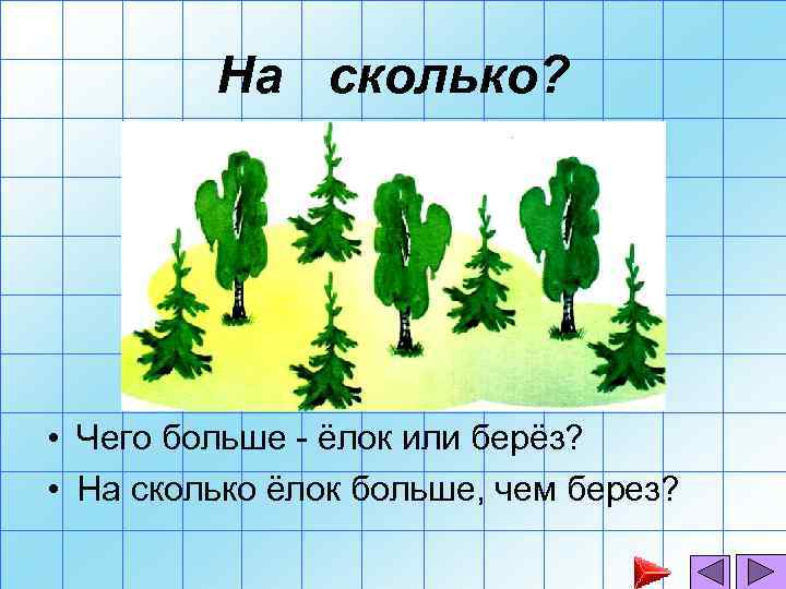 На сколько? • Чего больше - ёлок или берёз? • На сколько ёлок больше,