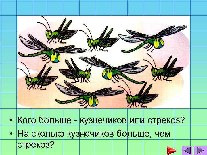  • Кого больше - кузнечиков или стрекоз? • На сколько кузнечиков больше, чем