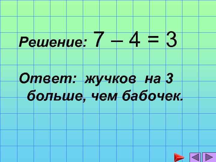 Решение: 7– 4=3 Ответ: жучков на 3 больше, чем бабочек. 