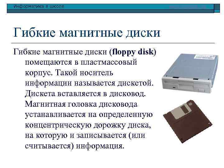 Информатика в школе Гибкие магнитные диски (floppy disk) помещаются в пластмассовый корпус. Такой носитель