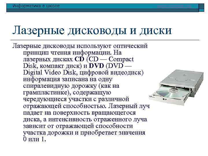 Информатика в школе www. klyaksa. net Лазерные дисководы и диски Лазерные дисководы используют оптический