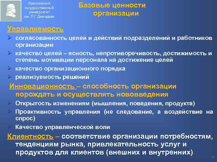 Ярославский государственный университет им. П. Г. Демидова Базовые ценности организации Управляемость Ø согласованность целей