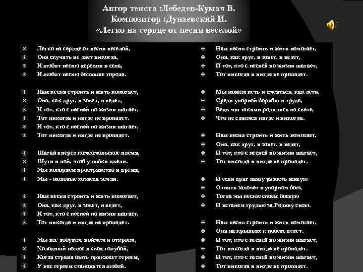 Автор текста : Лебедев-Кумач В. Композитор : Дунаевский И. «Легко на сердце от песни