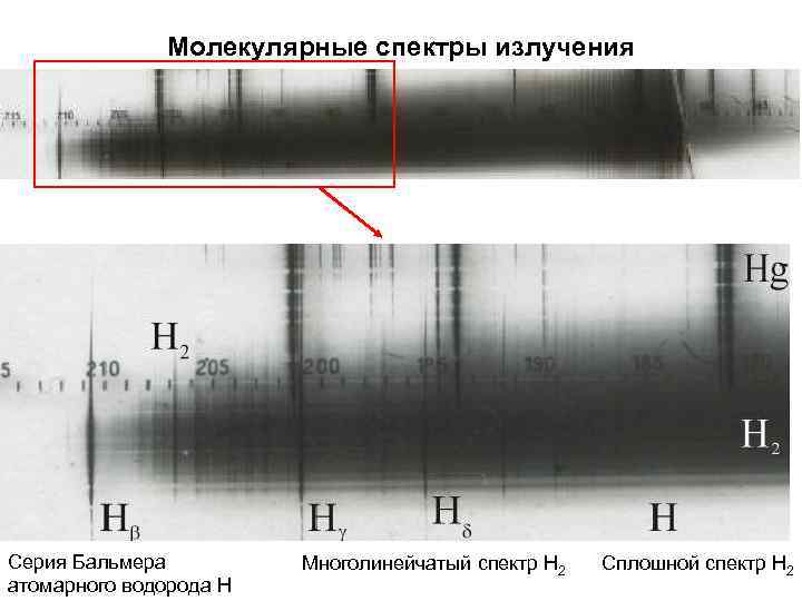 Молекулярные спектры излучения Серия Бальмера атомарного водорода Н Многолинейчатый спектр Н 2 Сплошной спектр