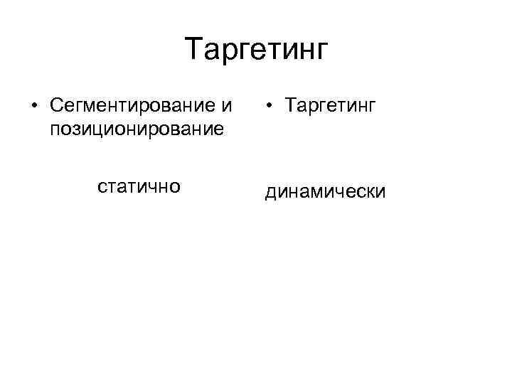 Таргетинг • Сегментирование и позиционирование • Таргетинг статично динамически 