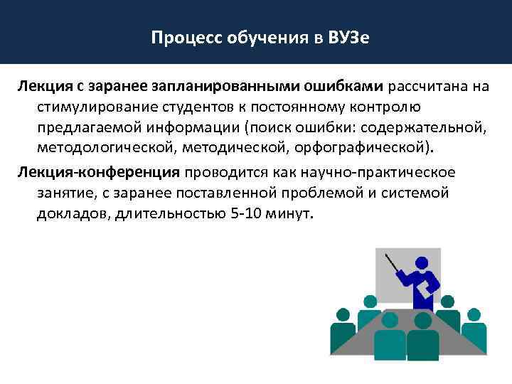 Процесс подготовки конференции. Схема лекций в вузе. Лекция с заранее запланированными ошибками. Процесс обучения.