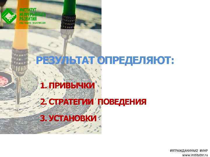 РЕЗУЛЬТАТ ОПРЕДЕЛЯЮТ: 1. ПРИВЫЧКИ 2. СТРАТЕГИИ ПОВЕДЕНИЯ 3. УСТАНОВКИ #ЯГРАЖДАНИНМО #ИНР www. institutnr. ru