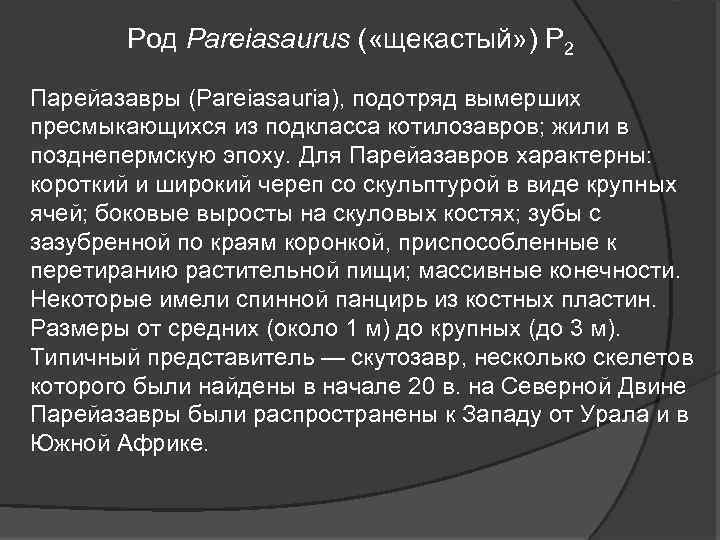 Род Pareiasaurus ( «щекастый» ) P 2 Парейазавры (Pareiasauria), подотряд вымерших пресмыкающихся из подкласса