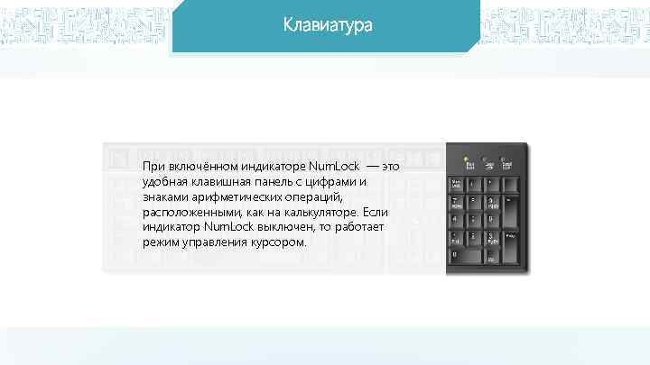 Клавиатура При включённом индикаторе Num. Lock — это удобная клавишная панель с цифрами и