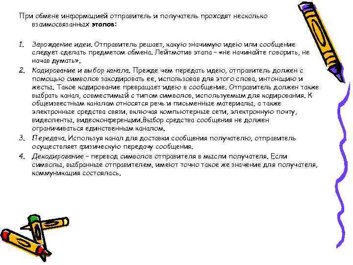 При обмене информацией отправитель и получатель проходят несколько взаимосвязанных этапов: 1. 2. 3. 4.