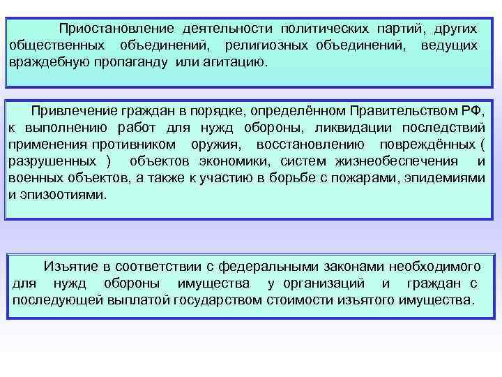 Приостановление деятельности политических партий, других общественных объединений, религиозных объединений, ведущих враждебную пропаганду или агитацию.