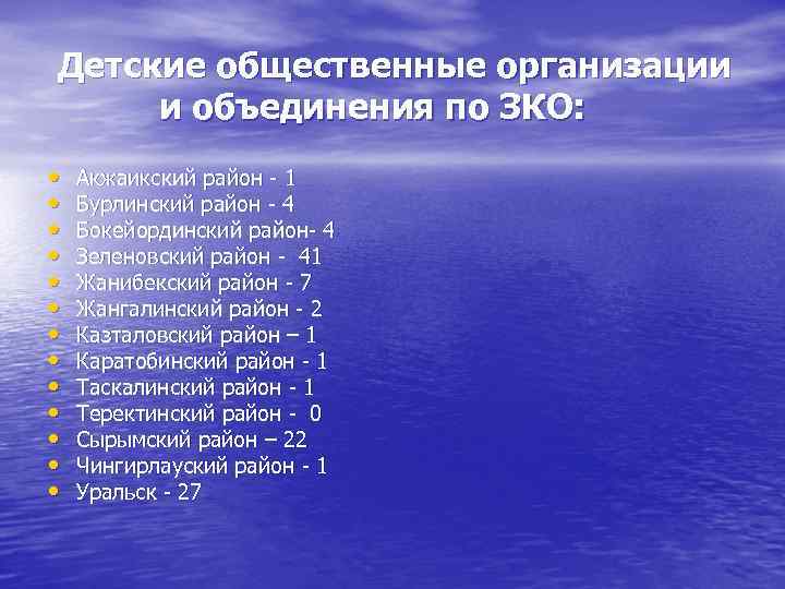 Детские общественные организации и объединения по ЗКО: • • • • Акжаикский район -