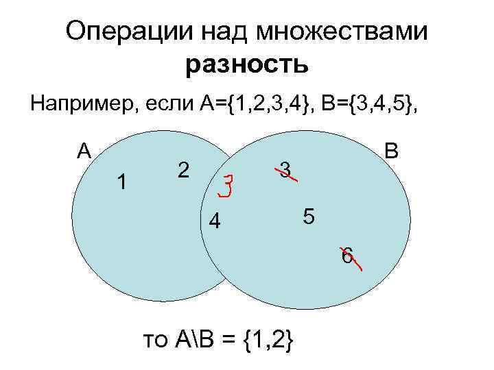 Операции над множествами разность Например, если А={1, 2, 3, 4}, B={3, 4, 5}, А