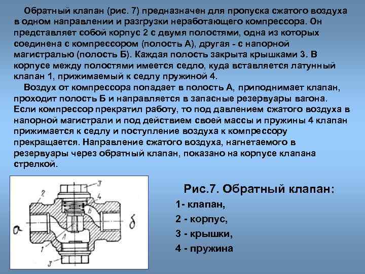 Обратный клапан (рис. 7) предназначен для пропуска сжатого воздуха в одном направлении и разгрузки