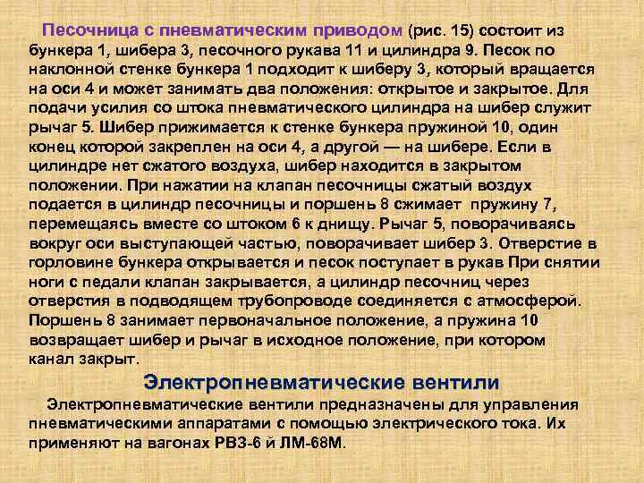 Песочница с пневматическим приводом (рис. 15) состоит из бункера 1, шибера 3, песочного рукава