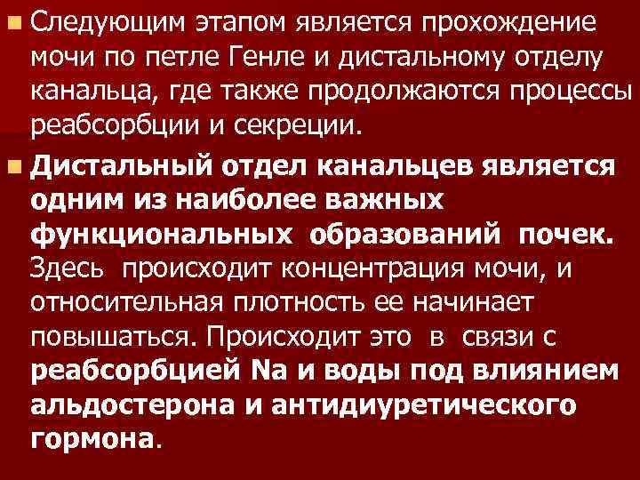 n Следующим этапом является прохождение мочи по петле Генле и дистальному отделу канальца, где