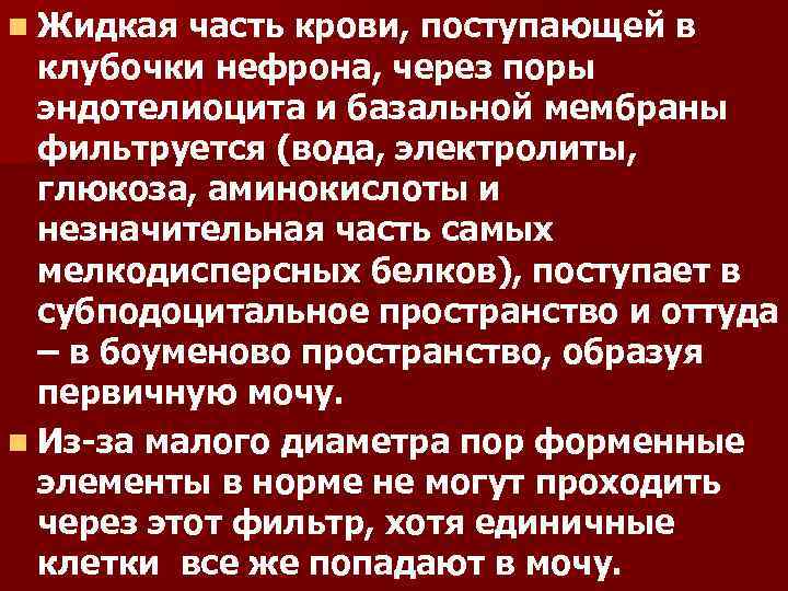 n Жидкая часть крови, поступающей в клубочки нефрона, через поры эндотелиоцита и базальной мембраны