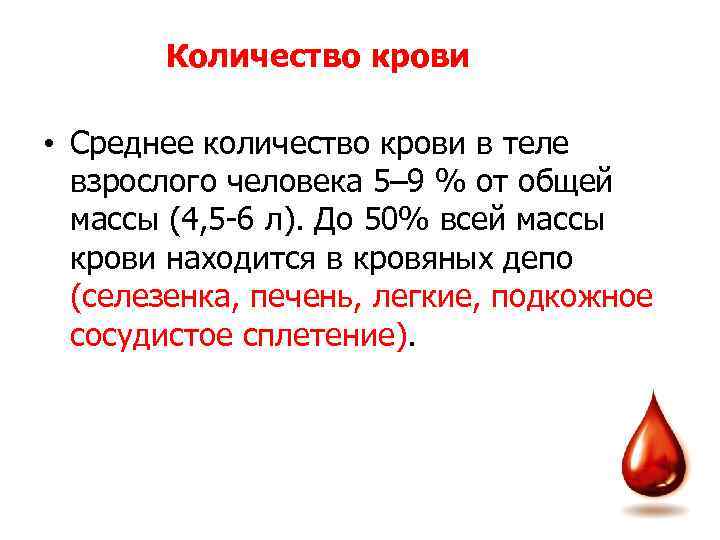 Количество крови • Среднее количество крови в теле взрослого человека 5– 9 % от