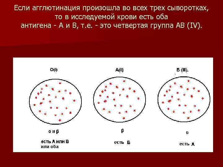 Если агглютинация произошла во всех трех сыворотках, то в исследуемой крови есть Если агглютинация произошла во всех трех сыворотках, то в исследуемой крови есть