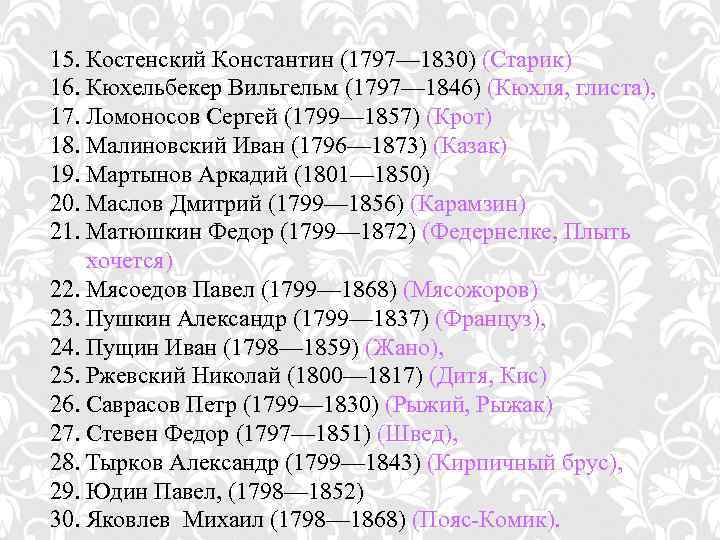 15. Костенский Константин (1797— 1830) (Старик) 16. Кюхельбекер Вильгельм (1797— 1846) (Кюхля, глиста), 17.
